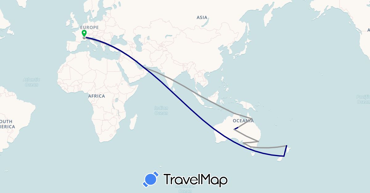 TravelMap itinerary: driving, bus, plane in United Arab Emirates, Australia, France, New Zealand, Singapore (Asia, Europe, Oceania)